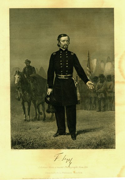 Print of Gen. Siegel in uniform with a sword. Soldiers with a battle flag by Alonzo Chappel